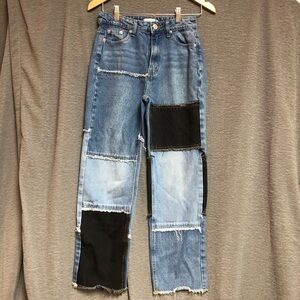 Rue21 size 1 patched blue and black jeans scrap pieces various colors denim fray